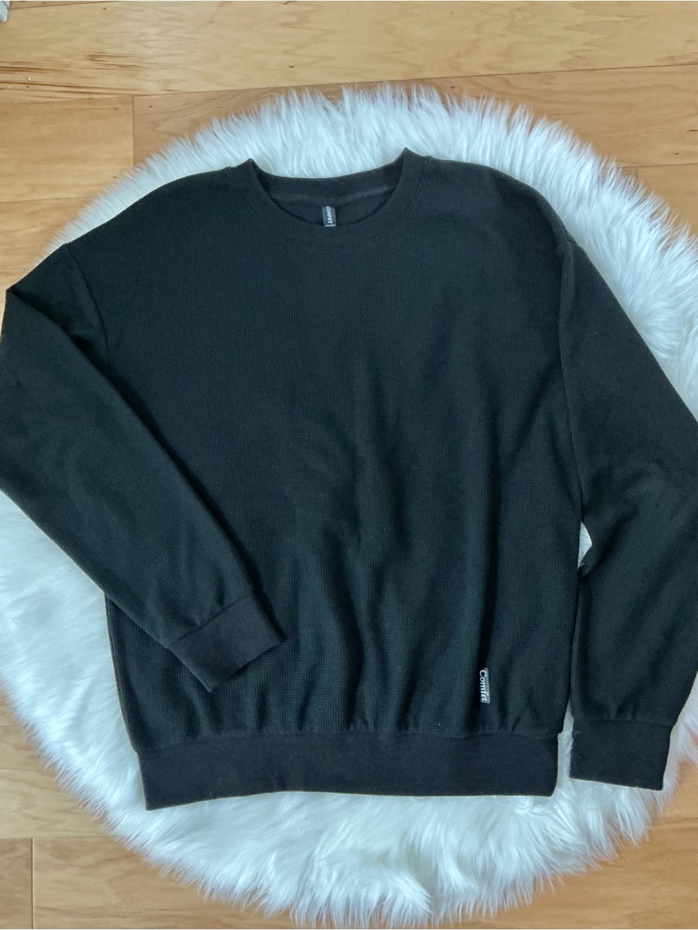Comfrt Men’s Waffle Knit Long Sleeve Crew Neck Shirt Black Size Large